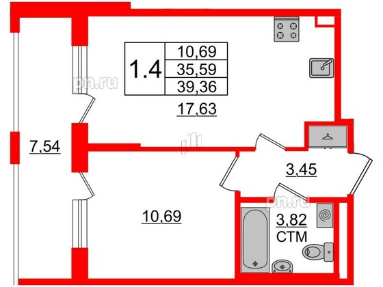 Квартира в ЖК 'Дворцовый фасад', 1 комнатная, 35.59 м², 1 этаж