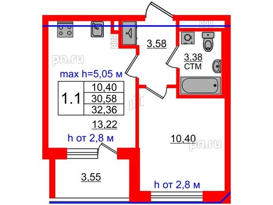 Квартира в ЖК «Дворцовый фасад», 1 комнатная, 30.58 м², 4 этаж