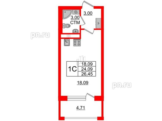 Квартира в ЖК 'Дворцовый фасад', студия, 24.09 м², 3 этаж