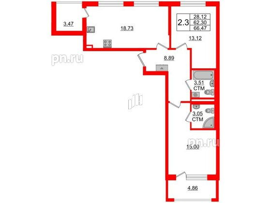 Квартира в ЖК 'Дворцовый фасад', 2 комнатная, 62.3 м², 2 этаж