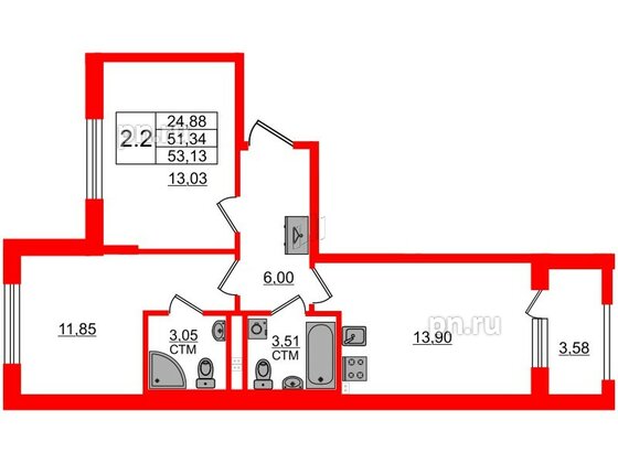 Квартира в ЖК «Дворцовый фасад», 2 комнатная, 51.34 м², 2 этаж