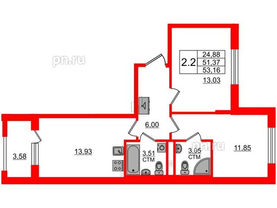 Квартира в ЖК 'Дворцовый фасад', 2 комнатная, 51.37 м², 2 этаж