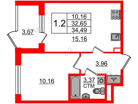 Квартира в ЖК 'Дворцовый фасад', 1 комнатная, 32.65 м², 1 этаж