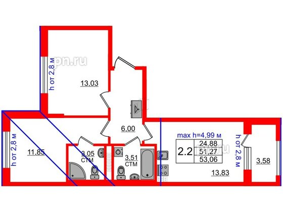 Квартира в ЖК «Дворцовый фасад», 2 комнатная, 51.27 м², 4 этаж