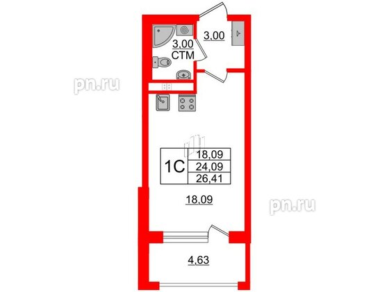 Квартира в ЖК 'Дворцовый фасад', студия, 24.09 м², 3 этаж