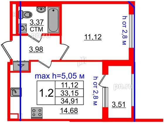 Квартира в ЖК 'Дворцовый фасад', 1 комнатная, 33.15 м², 4 этаж