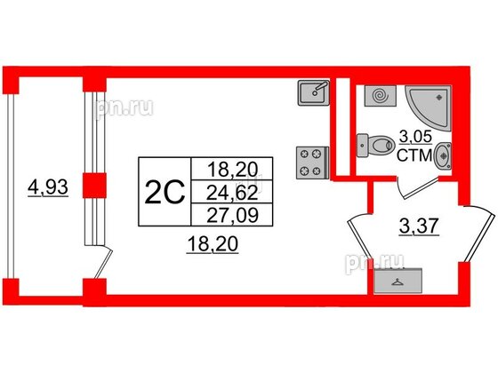 Квартира в ЖК 'Дворцовый фасад', студия, 24.62 м², 1 этаж