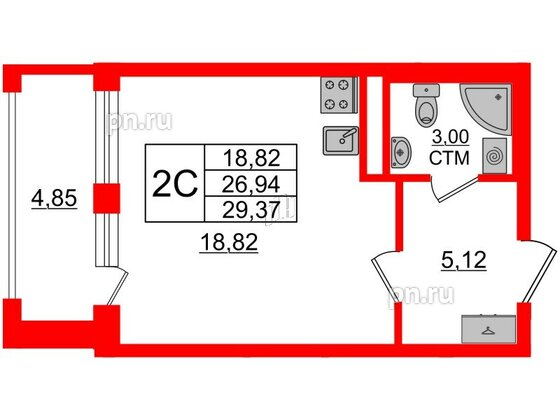 Квартира в ЖК 'Дворцовый фасад', студия, 26.94 м², 1 этаж