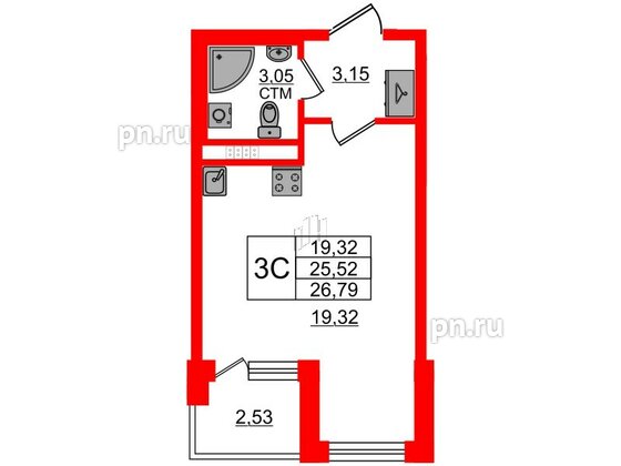 Квартира в ЖК «Дворцовый фасад», студия, 25.52 м², 3 этаж