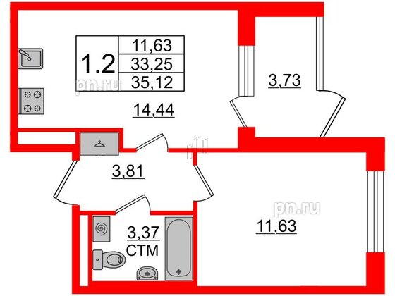 Квартира в ЖК «Дворцовый фасад», 1 комнатная, 33.25 м², 1 этаж