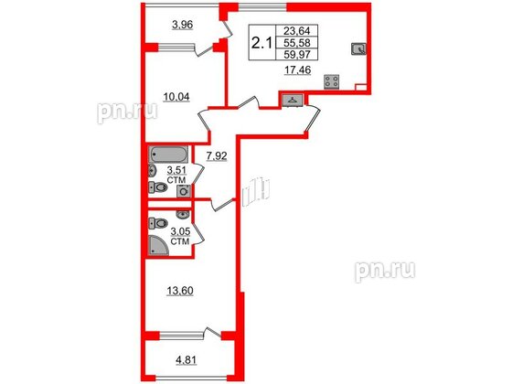 Квартира в ЖК 'Дворцовый фасад', 2 комнатная, 55.58 м², 2 этаж