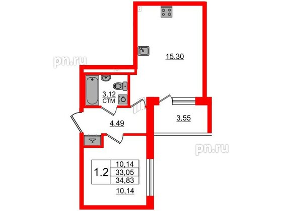 Квартира в ЖК 'Дворцовый фасад', 1 комнатная, 33.05 м², 2 этаж