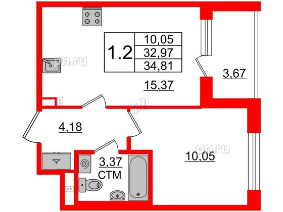 Квартира в ЖК «Дворцовый фасад», 1 комнатная, 32.97 м², 2 этаж