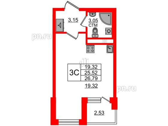 Квартира в ЖК 'Дворцовый фасад', студия, 25.52 м², 2 этаж