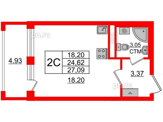 Квартира в ЖК 'Дворцовый фасад', студия, 24.62 м², 3 этаж