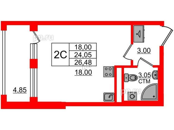 Квартира в ЖК 'Дворцовый фасад', студия, 24.05 м², 1 этаж