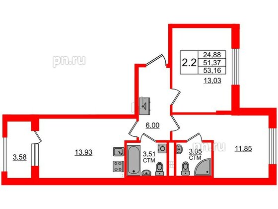 Квартира в ЖК 'Дворцовый фасад', 2 комнатная, 51.37 м², 2 этаж