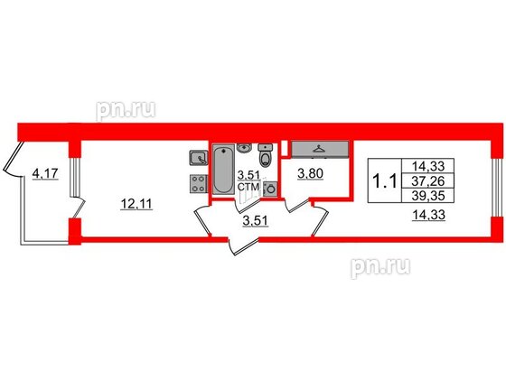 Квартира в ЖК 'Дворцовый фасад', 1 комнатная, 37.26 м², 1 этаж