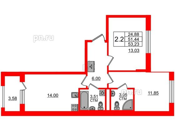 Квартира в ЖК 'Дворцовый фасад', 2 комнатная, 51.44 м², 1 этаж