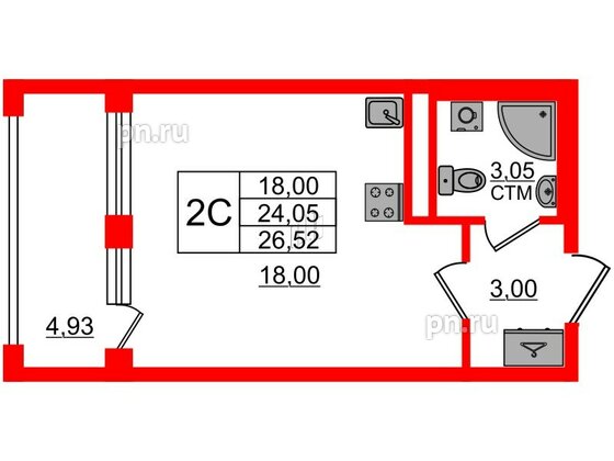 Квартира в ЖК 'Дворцовый фасад', студия, 24.05 м², 1 этаж