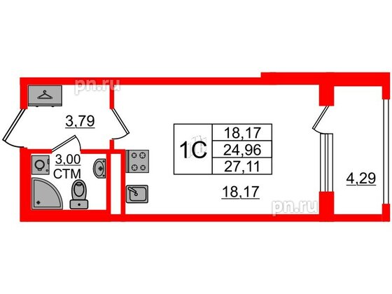 Квартира в ЖК 'Дворцовый фасад', студия, 24.96 м², 2 этаж