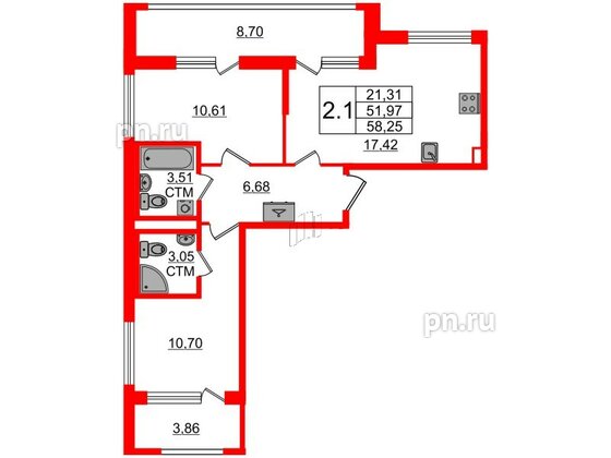 Квартира в ЖК «Дворцовый фасад», 2 комнатная, 51.97 м², 2 этаж