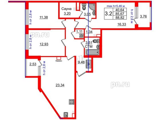 Квартира в ЖК «Дворцовый фасад», 3 комнатная, 85.67 м², 4 этаж