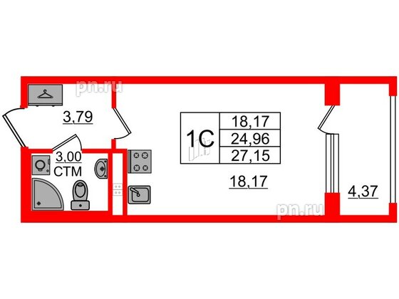 Квартира в ЖК 'Дворцовый фасад', студия, 24.96 м², 3 этаж