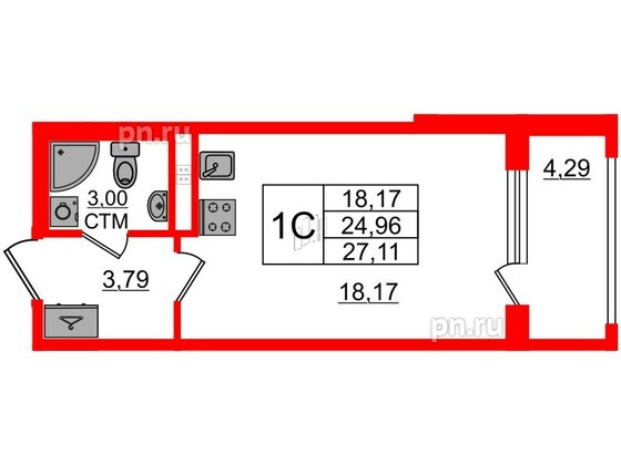 Квартира в ЖК «Дворцовый фасад», студия, 24.96 м², 3 этаж