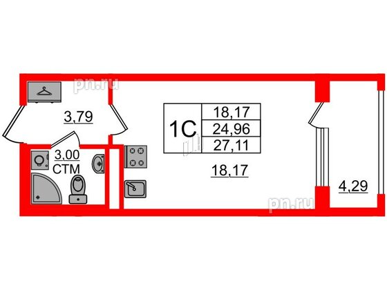 Квартира в ЖК 'Дворцовый фасад', студия, 24.96 м², 2 этаж