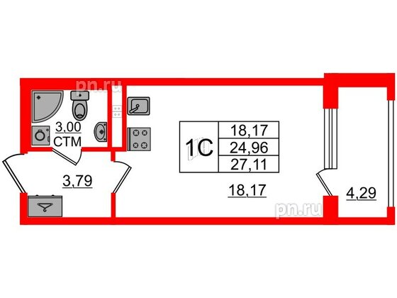 Квартира в ЖК 'Дворцовый фасад', студия, 24.96 м², 3 этаж