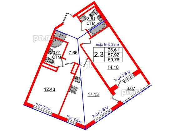 Квартира в ЖК «Дворцовый фасад», 2 комнатная, 57.92 м², 4 этаж