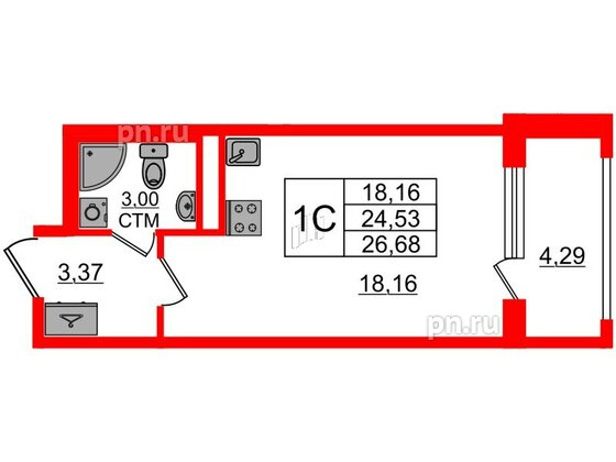 Квартира в ЖК «Дворцовый фасад», студия, 24.53 м², 2 этаж