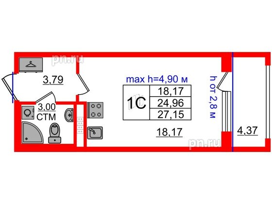 Квартира в ЖК 'Дворцовый фасад', студия, 24.96 м², 4 этаж