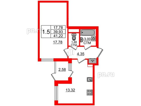 Квартира в ЖК 'Дворцовый фасад', 1 комнатная, 39.93 м², 1 этаж