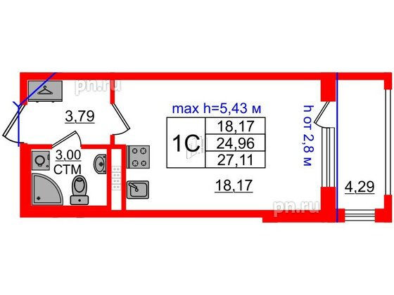 Квартира в ЖК 'Дворцовый фасад', студия, 24.96 м², 4 этаж