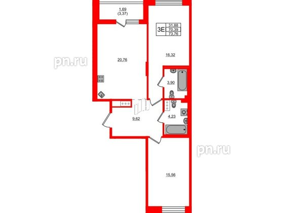 Квартира в ЖК «Черная Речка», 2 комнатная, 73.76 м², 2 этаж