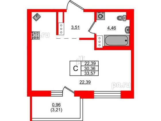 Квартира в ЖК «Черная Речка», студия, 33.57 м², 2 этаж