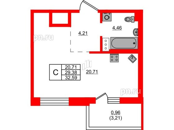 Квартира в ЖК «Черная Речка», студия, 32.59 м², 9 этаж