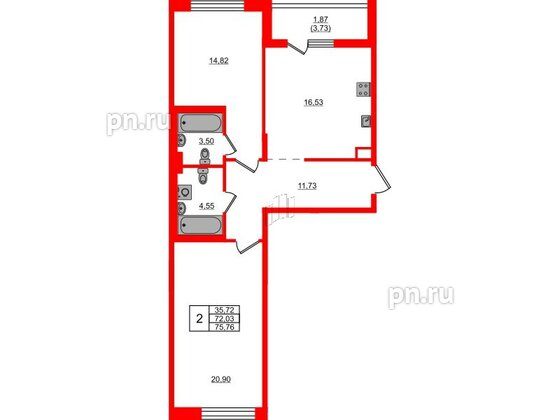 Квартира в ЖК «Черная Речка», 2 комнатная, 75.76 м², 2 этаж