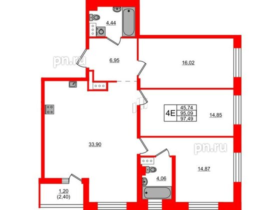 Квартира в ЖК «Черная Речка», 3 комнатная, 97.49 м², 3 этаж