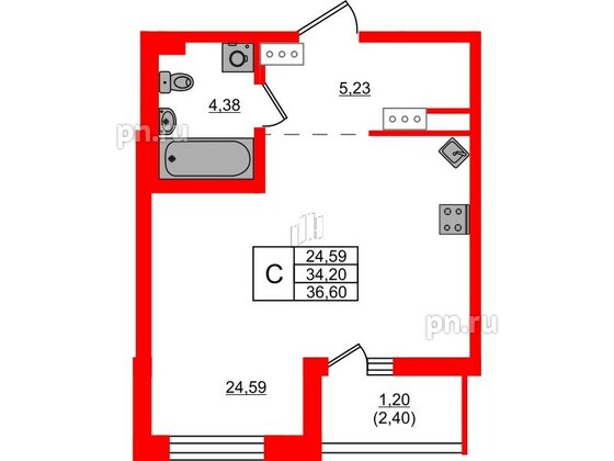 Квартира в ЖК «Черная Речка», студия, 36.6 м², 13 этаж