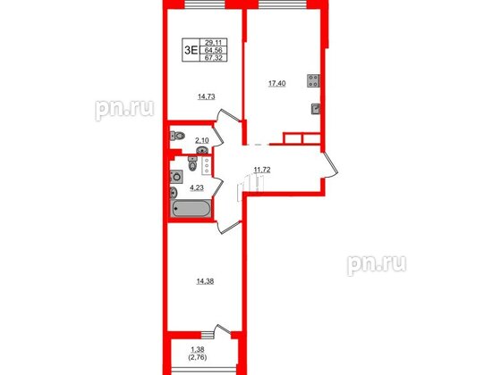 Квартира в ЖК «Черная Речка», 2 комнатная, 67.32 м², 4 этаж