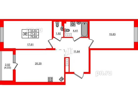 Квартира в ЖК «Черная Речка», 2 комнатная, 75.64 м², 10 этаж