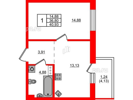 Квартира в ЖК «Черная Речка», 1 комнатная, 40.93 м², 2 этаж