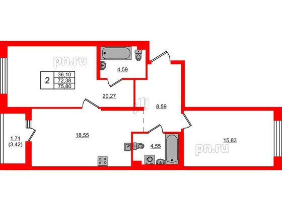 Квартира в ЖК «Черная Речка», 2 комнатная, 75.8 м², 2 этаж