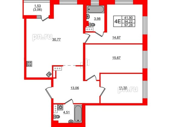 Квартира в ЖК «Черная Речка», 3 комнатная, 97.28 м², 2 этаж