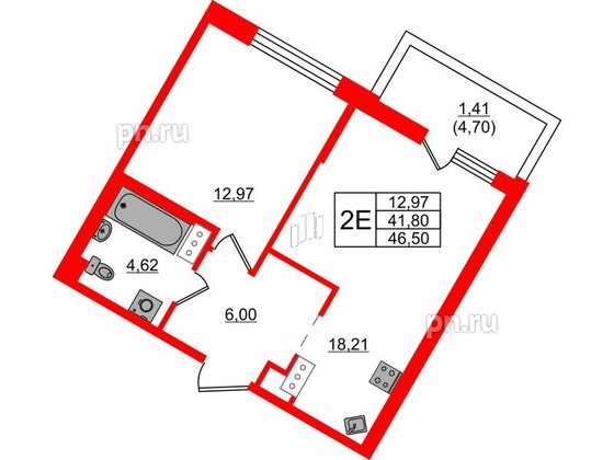 Квартира в ЖК «Черная Речка», 1 комнатная, 46.5 м², 10 этаж