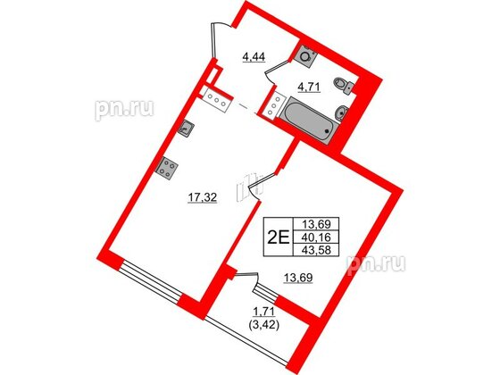 Квартира в ЖК «Черная Речка», 1 комнатная, 43.58 м², 10 этаж