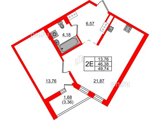 Квартира в ЖК «Черная Речка», 1 комнатная, 49.74 м², 6 этаж